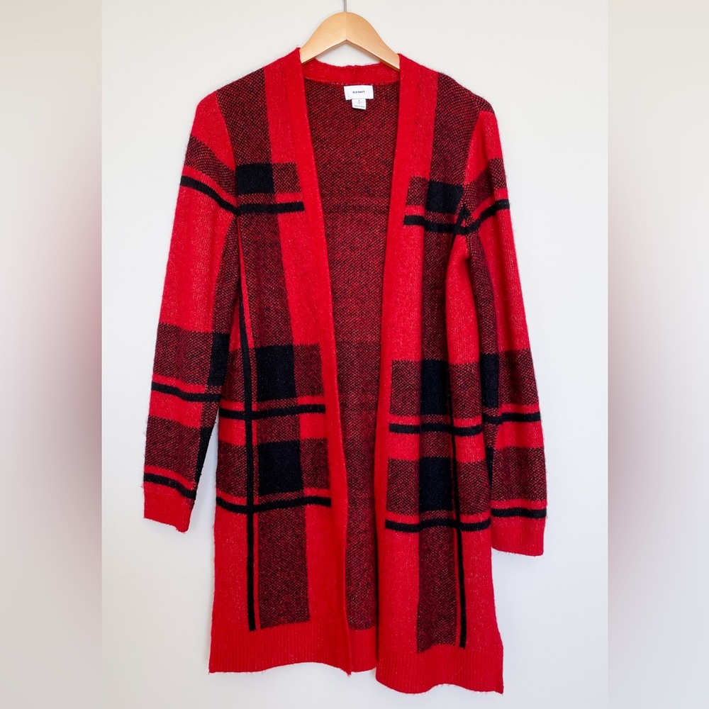 Long Red & Black Plaid Open Cardigan